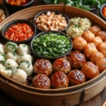 Assorted dumplings and veggies arranged in a bamboo steamer with dipping sauces | kaynmaytkal.com