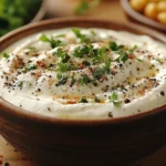 Spiced sour cream dip with parsley and cracked pepper in a wooden bowl | kaynmaytkal.com