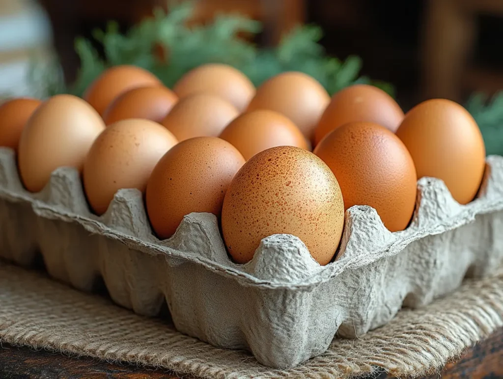 A dozen farm-fresh eggs in a carton, a staple ingredient in many classic home recipes | kaynmaytkal.com