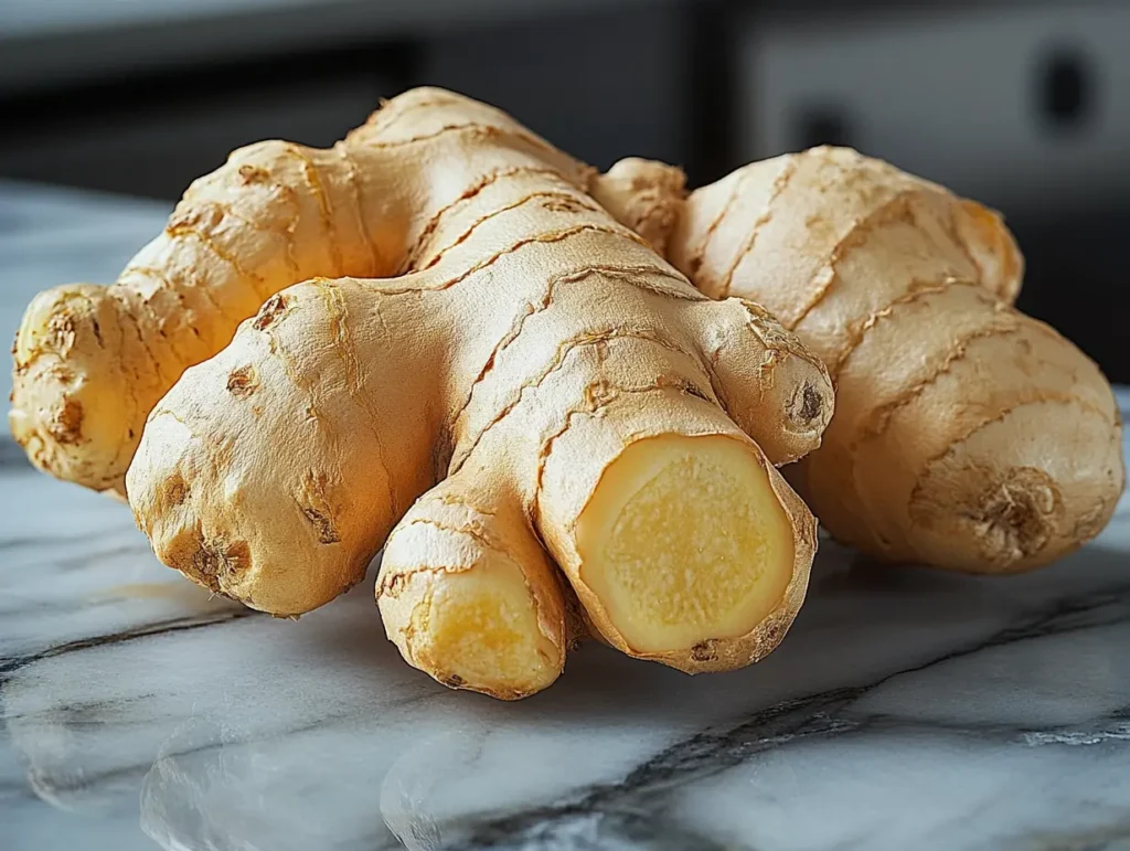 Fresh ginger root placed on a marble surface, a bold aromatic ingredient for cooking | kaynmaytkal.com