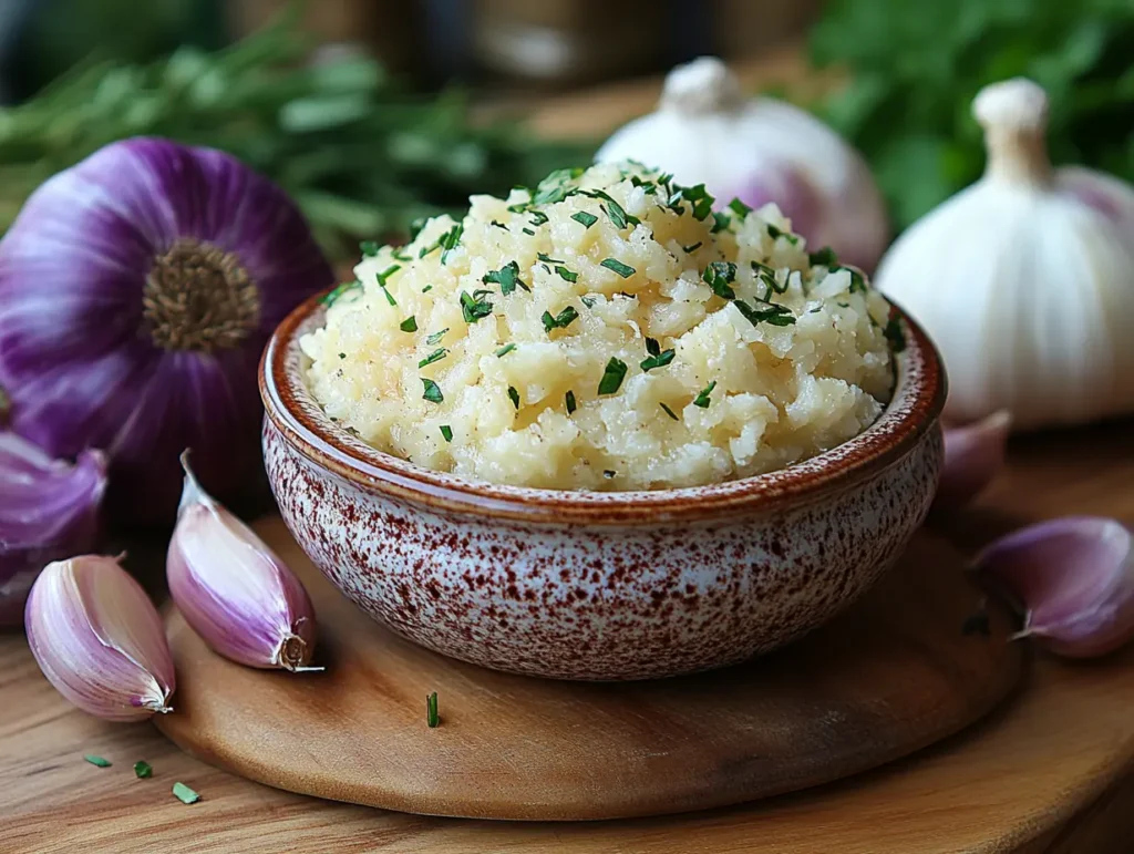 Bowl of mashed garlic with herbs, a flavorful and energizing base for high protein soup recipes for energy and wellness | kaynmaytkal.com