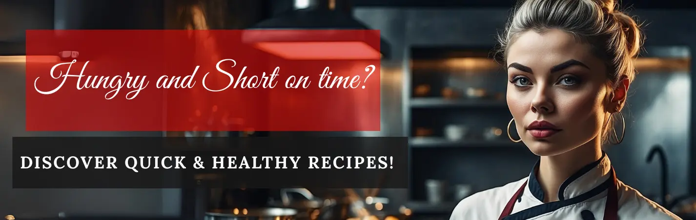 Female chef in a kitchen promoting quick and healthy recipes with a bold callout | kaynmaytkal.com