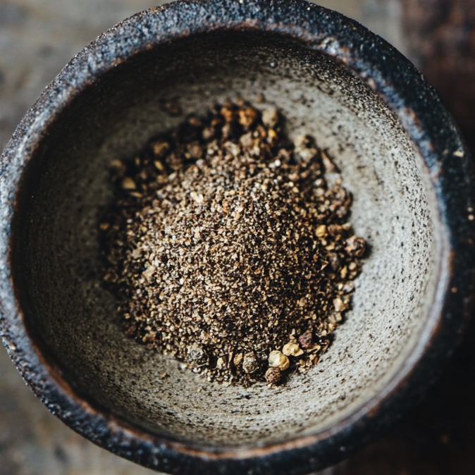 Coarsely ground black pepper in a small stone bowl, ideal for seasoning high protein pasta dishes | kaynmaytkal.com