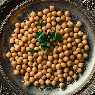 Chickpeas on an ornate silver plate with parsley garnish, a plant-based protein source for pasta | kaynmaytkal.com