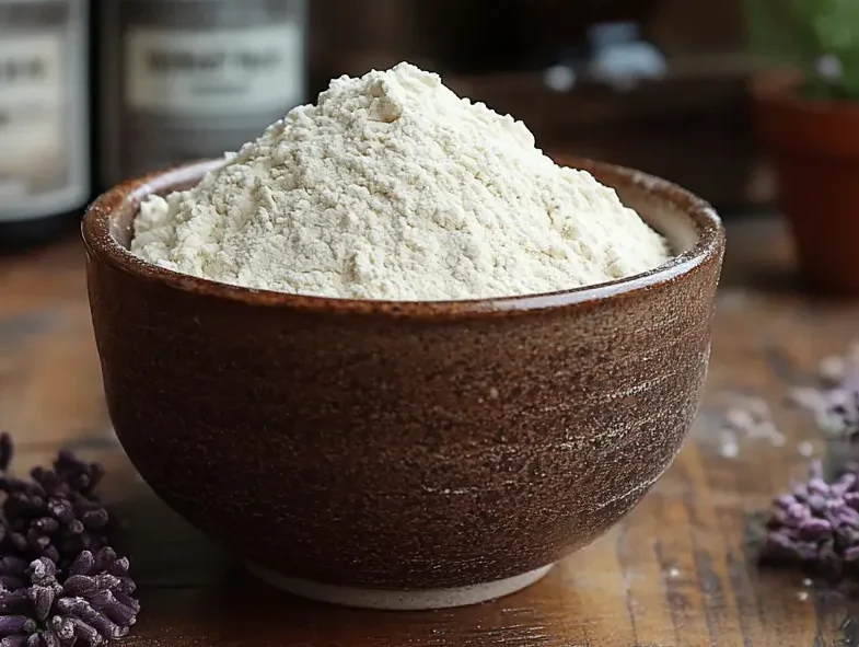 Brown ceramic bowl filled with oat flour on a rustic table with lavender sprigs | kaynmaytkal.com