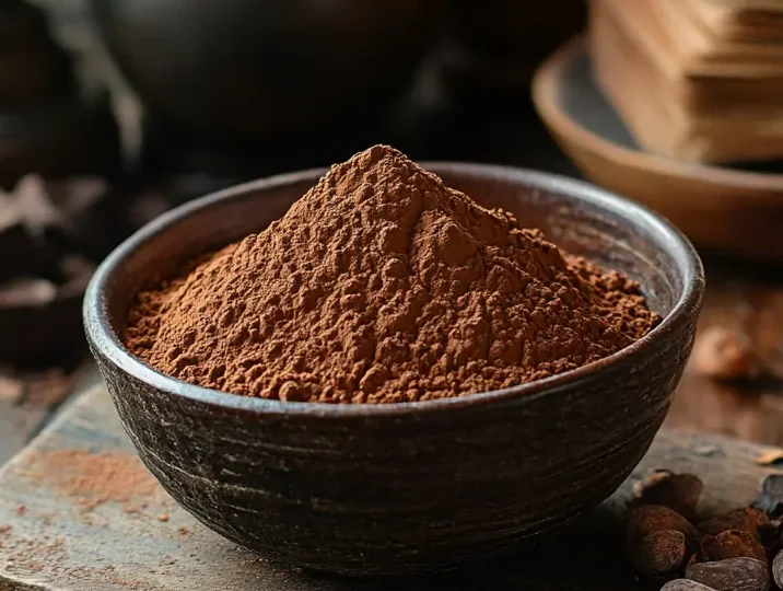Cocoa powder in a dark bowl surrounded by cacao beans and rustic kitchen decor | kaynmaytkal.com
