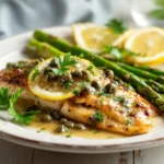Pan-seared rockfish topped with lemon slices and capers, served with asparagus and fresh herbs | kaynmaytkal.com