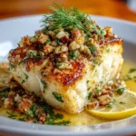 Seared rockfish topped with crunchy walnut herb crust, served on lemon slices with butter sauce | kaynmaytkal.com