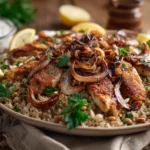Sayadieh with spiced fish fillets over rice, topped with golden onions, pine nuts, and lemon wedges | kaynmaytkal.com