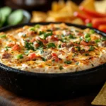 Creamy skillet sausage dip with melted cheese and fresh toppings served with chips | kaynmaytkal.com