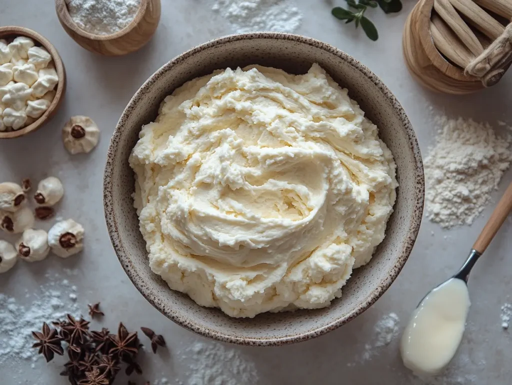 Rich whipped cream cheese in a ceramic bowl surrounded by baking ingredients and spices | kaynmaytkal.com
