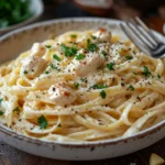 Creamy chicken Alfredo pasta garnished with parsley and parmesan, ideal for Italian chicken pasta recipes | kaynmaytkal.com