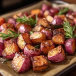 Roasted purple sweet potato cubes with herbs and sea salt on a baking sheet, part of Purple Sweet Potato Recipes | kaynmaytkal.com