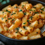 Creamy rigatoni pasta with ground meat and herbs, served in a dark bowl, perfect for Instant Pot Pasta Recipes | kaynmaytkal.com