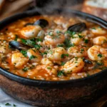 Steaming bowl of Portuguese seafood rice filled with shrimp, mussels, and herbs in a rich tomato broth | kaynmaytkal.com