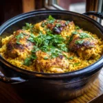 Golden chicken thighs served over vibrant yellow rice in a rustic pot for a cozy chicken and yellow rice recipe dinner | kaynmaytkal.com