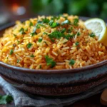 Close-up of vibrant turmeric rice garnished with parsley and lemon, part of The Healthy Turmeric Rice Recipe | kaynmaytkal.com