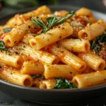 Rigatoni pasta with tomato sauce and spinach, topped with cracked pepper and fresh rosemary | kaynmaytkal.com
