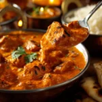 Spoon lifting tender chicken from creamy tikka masala curry served with naan and basmati rice | kaynmaytkal.com