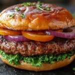 Lamb burger with yellow tomatoes, red onions, and fresh greens on a toasted bun | kaynmaytkal.com