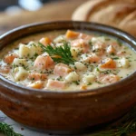 A warm bowl of traditional Finnish salmon soup with diced potatoes and carrots in creamy broth | kaynmaytkal.com