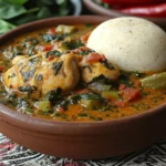 Hearty West African okra stew with chicken, spinach, and fufu served in a clay bowl for a traditional spicy flavor experience | kaynmaytkal.com