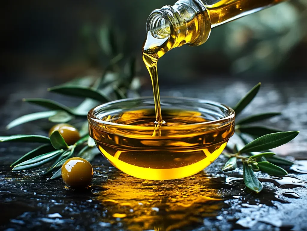 Golden olive oil being poured into a glass bowl surrounded by green olives, a staple in Italian cooking | kaynmaytkal.com