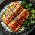 Salmon with teriyaki glaze on rice and steamed broccoli, a quick and easy Japanese-style dish | kaynmaytkal.com