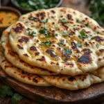 Freshly baked naan stacked on a wooden board, showcasing the perfect naan bread recipe in 6 easy-to-follow steps | kaynmaytkal.com