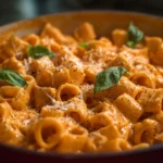 Close-up of ditalini pasta coated in creamy tomato sauce and sprinkled with cheese and herbs | kaynmaytkal.com