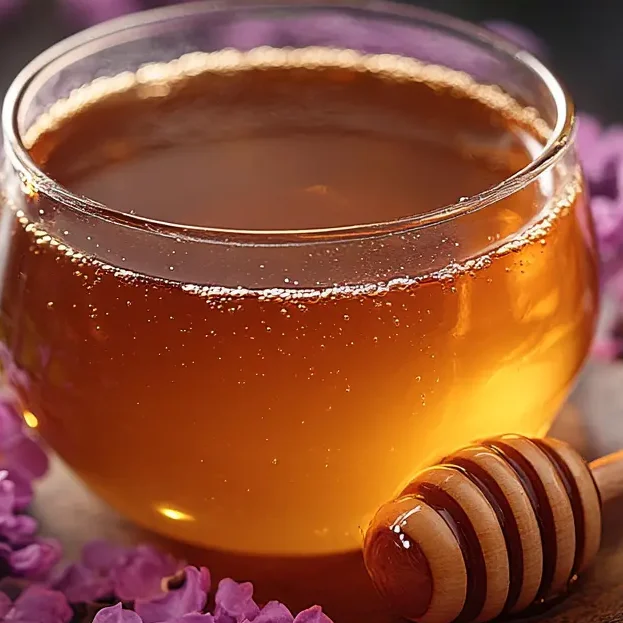 Glass bowl of golden honey surrounded by lilac flowers, ideal for sweetening savory beef crock pot dishes | kaynmaytkal.com