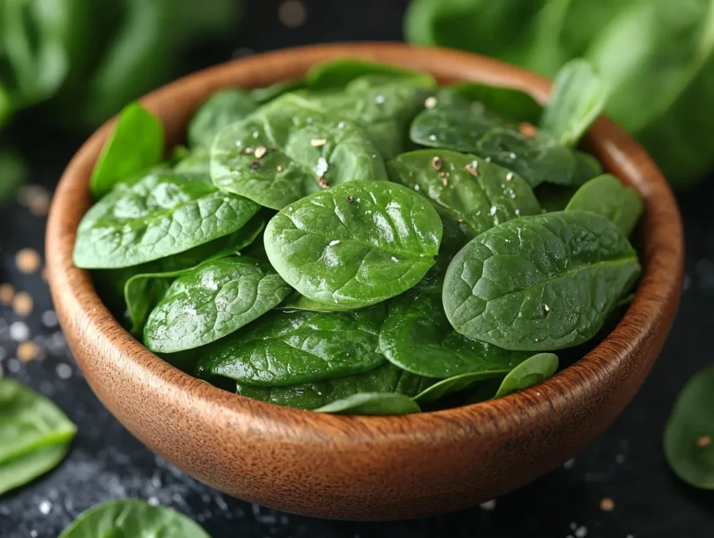Fresh baby spinach leaves in a wooden bowl sprinkled with salt and pepper | kaynmaytkal.com