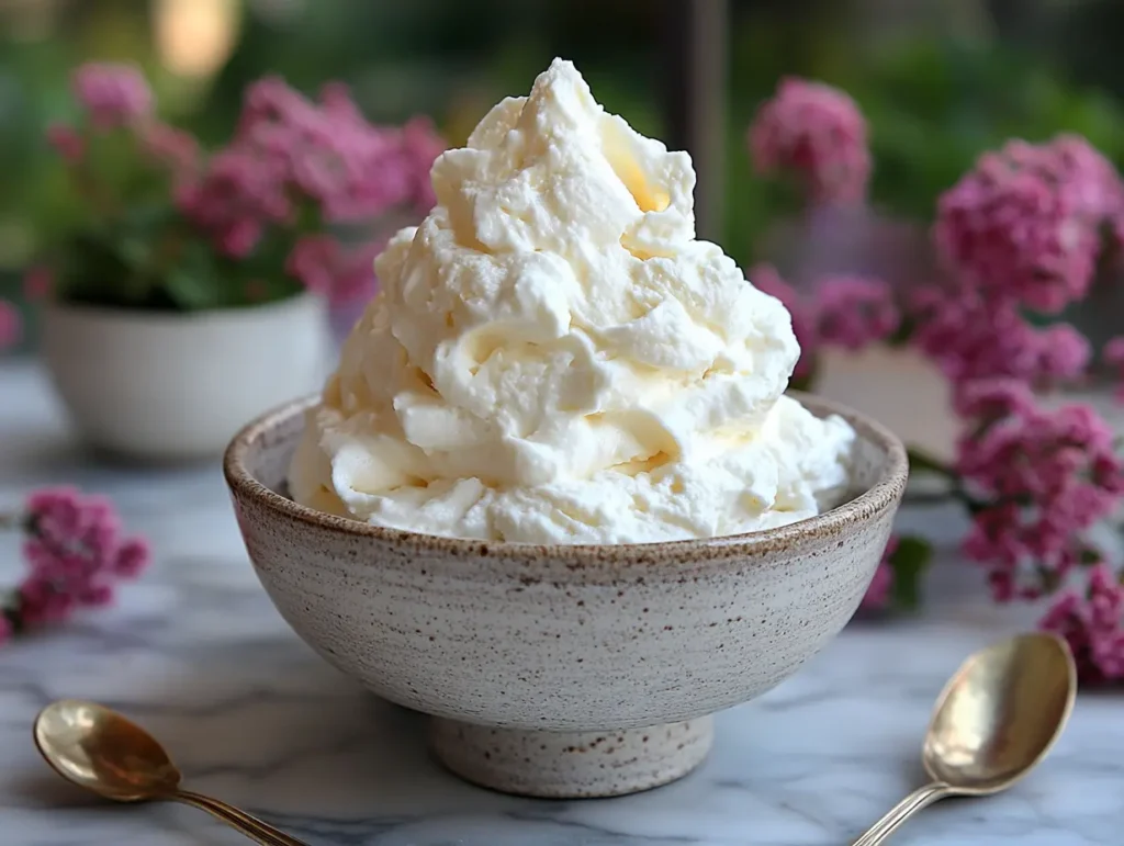 Fluffy whipped cream served in a rustic bowl with spoons and pink flowers in the background | kaynmaytkal.com