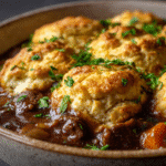 Rich beef and vegetable stew topped with baked dumplings and chopped parsley | kaynmaytkal.com