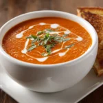 Creamy Healthy Homemade Panera Tomato Soup with herbs and grilled toast on a square white plate | kaynmaytkal.com
