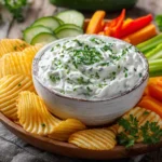 Herbed sour cream dip served with ridged potato chips and fresh veggie sticks on a wooden platter | kaynmaytkal.com
