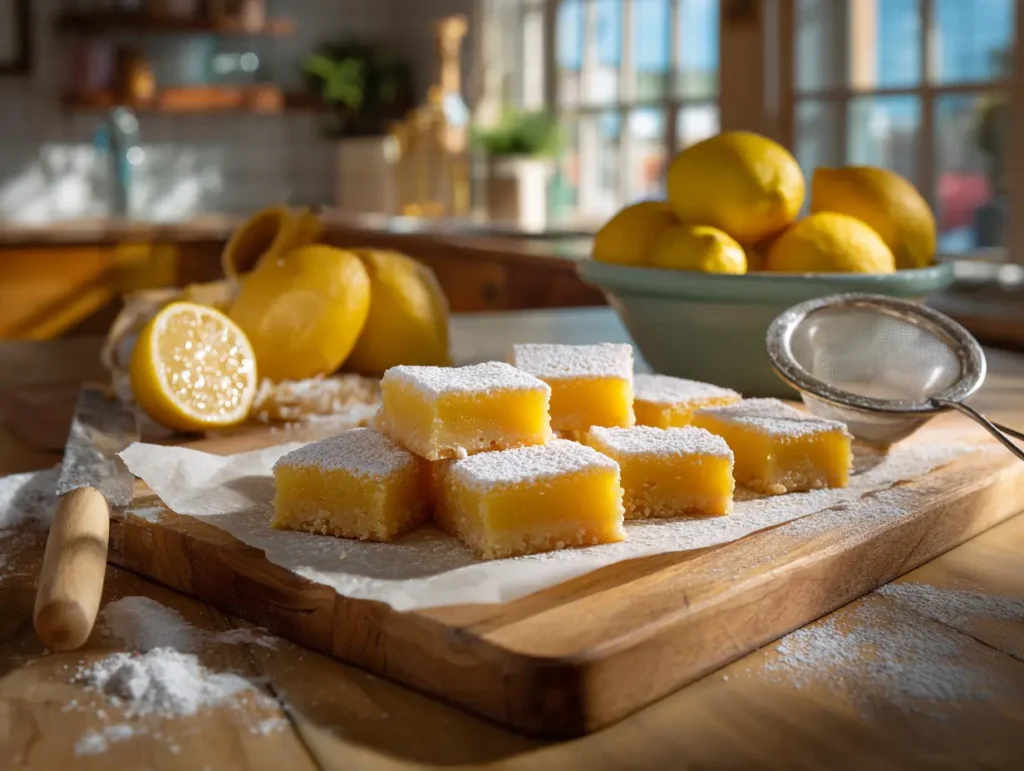 Lemon bars on a sunlit kitchen counter with powdered sugar and fresh lemons in the background | kaynmaytkal.com