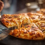 Hot cheesy slice being lifted from freshly baked homemade pizza | kaynmaytkal.com
