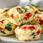 Fluffy egg white bites with spinach and red pepper stacked on a white plate | kaynmaytkal.com