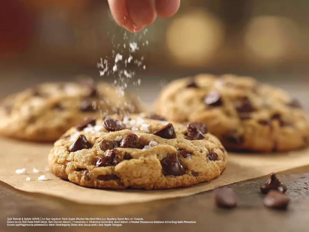 Close-up of almond flour chocolate chip cookies being sprinkled with flaky sea salt | kaynmaytkal.com