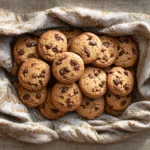 A batch of almond flour chocolate chip cookies in a linen-lined basket on rustic fabric | kaynmaytkal.com
