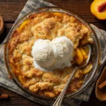 Classic peach cobbler served in a glass pie dish with vanilla ice cream on top | kaynmaytkal.com