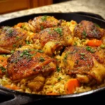 Easy one-pot chicken and rice with golden thighs, carrots, peas, and herbs in a skillet for weeknight dinner | kaynmaytkal.com