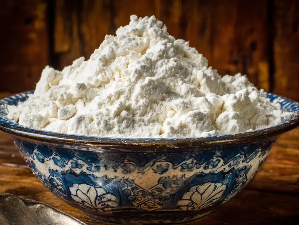 A vintage ceramic bowl filled with all-purpose flour on a rustic wooden table with an antique spoon beside it | kaynmaytkal.com