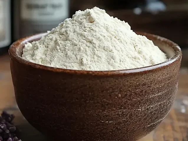 Brown ceramic bowl filled with oat flour on a rustic table with lavender sprigs | kaynmaytkal.com