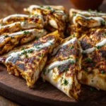 Golden grilled chicken quesadilla slices drizzled with creamy sauce | kaynmaytkal.com