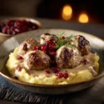 Swedish meatballs with creamy gravy, mashed potatoes, and lingonberries | kaynmaytkal.com