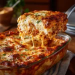 Cheesy baked spaghetti casserole slice with golden melted cheese topping | kaynmaytkal.com