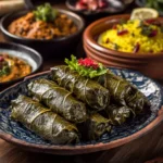 Perfect stuffed grape leaves served on a plate with rice and sides | kaynmaytkal.com