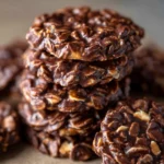 Glossy chocolate oatmeal no-bake cookies stacked on a table, rich and chewy in texture | kaynmaytkal.com